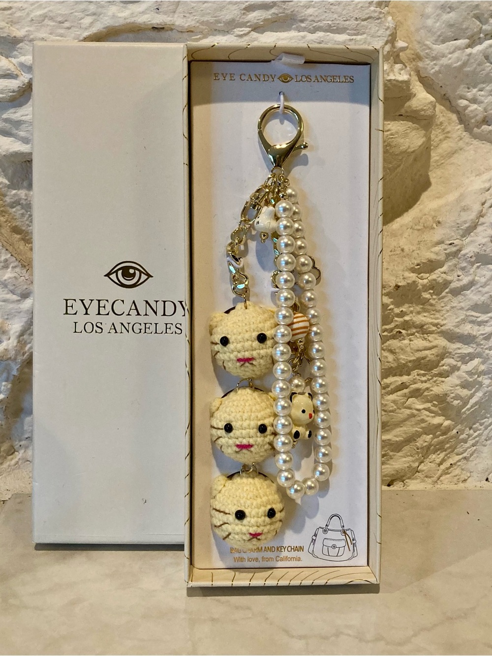 NWT and box EyeCandy Los Angeles crochet kitty cat bag charm